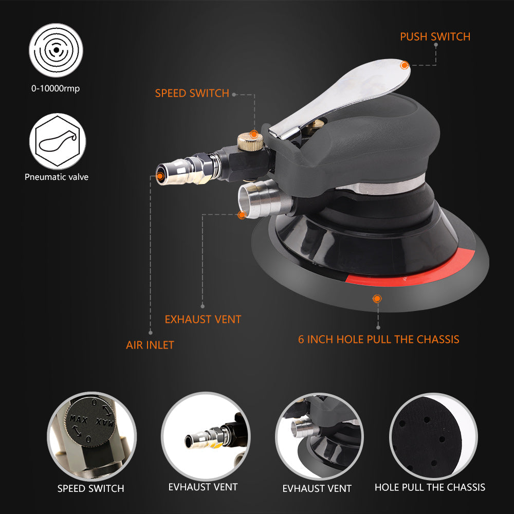 SPTA Random Orbital Sander 5" & 6" Pneumatic Palm Sander with Extra 5" Backing Plate, Sponge Polishing Pads, Sandpapers Low Vibration and Heavy Duty for Wood, Composites, Metal