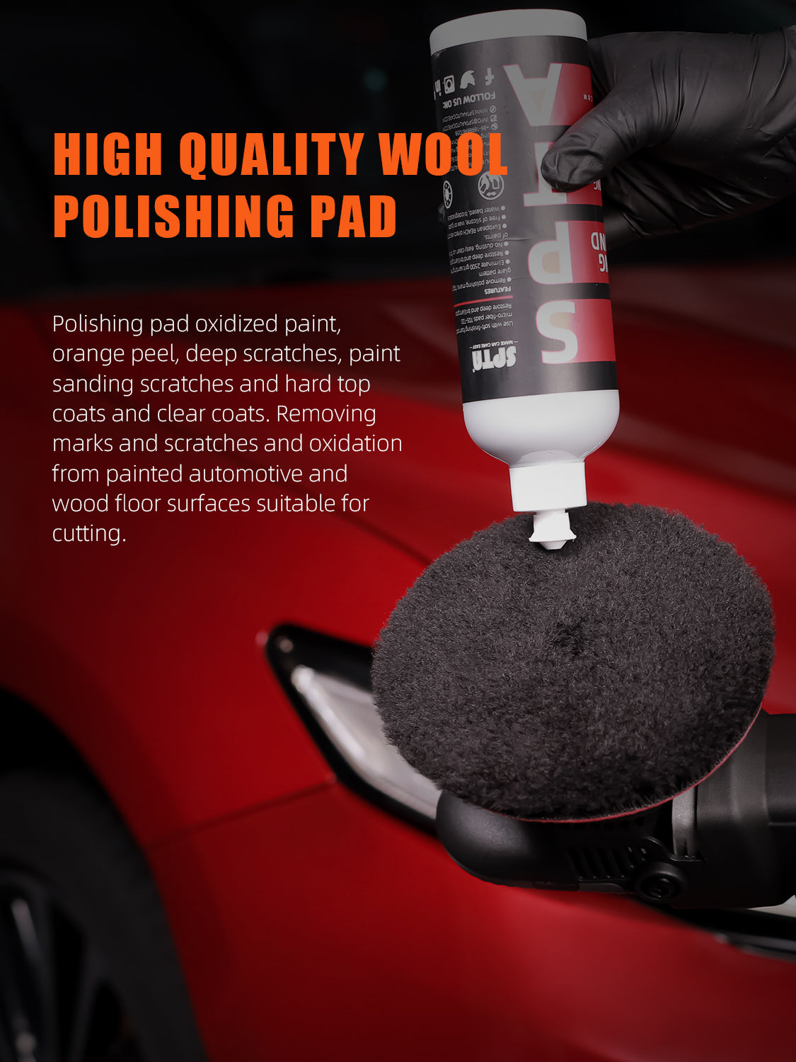 SPTA 3 inch to 6 inch Wool Polishing Pad, T140 Black Heavy Cut Wool Pad to Remove 1200#/1500# Sanding Disc Marks, Deep Scratches, Orange Peel and Heavy Oxidation for Automotive, Car, RV, Motorbike & Boat