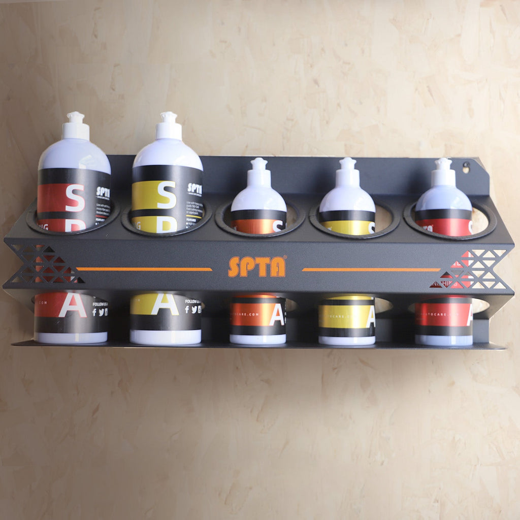 SPTA Spray Bottle Racks ,Spray Can Holder Rack Organizer, 5 Can Spray Bottle Holder Heavy-Duty Steel Wall Mounted for Garage and Workspace