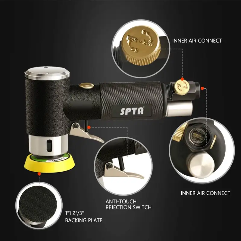 SPTA 1/2/3 Inch Random Orbital Air Sander, Mini Pneumatic Sander for Auto Body Work, High Speed Air Powered Polisher with Sandpapers