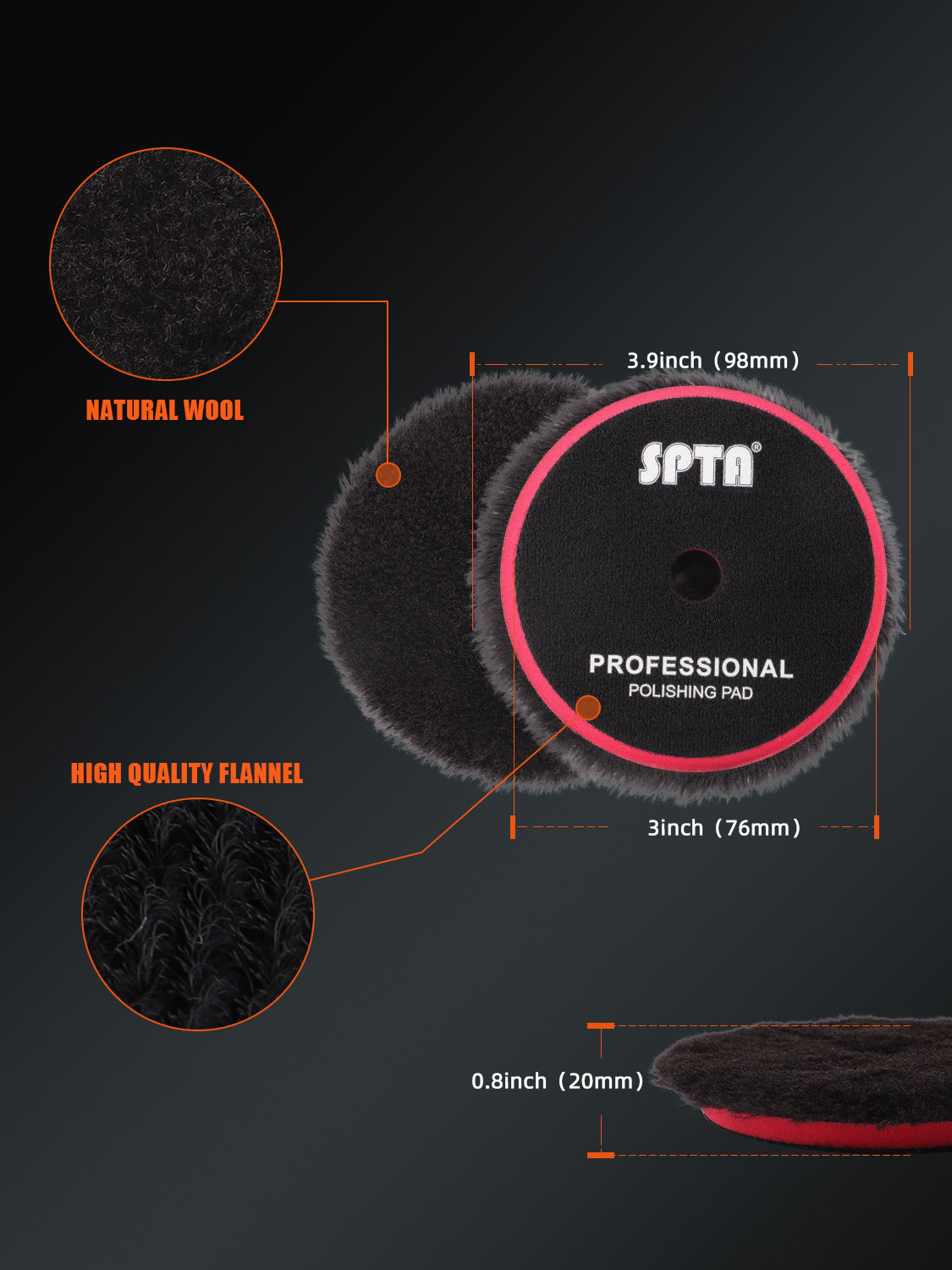 SPTA 3 inch to 6 inch Wool Polishing Pad, T140 Black Heavy Cut Wool Pad to Remove 1200#/1500# Sanding Disc Marks, Deep Scratches, Orange Peel and Heavy Oxidation for Automotive, Car, RV, Motorbike & Boat