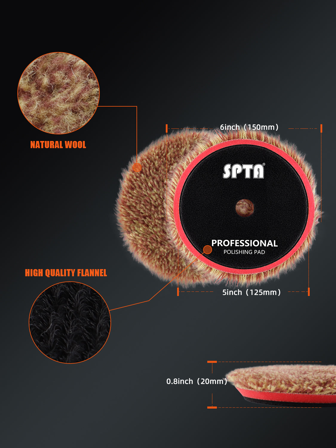 SPTA 3 inch to 6 inch Wool Polishing Pad, T140 Brown Heavy Cut Wool Pad to Remove 1200#/1500# Sanding Disc Marks, Deep Scratches, Orange Peel and Heavy Oxidation for Automotive, Car, RV, Motorbike & Boat