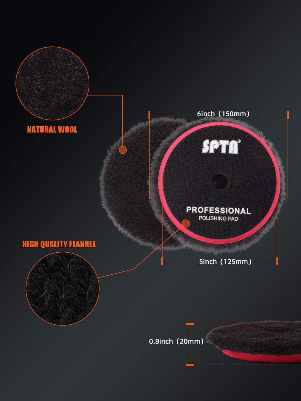 SPTA 3 inch to 6 inch Wool Polishing Pad, T140 Black Heavy Cut Wool Pad to Remove 1200#/1500# Sanding Disc Marks, Deep Scratches, Orange Peel and Heavy Oxidation for Automotive, Car, RV, Motorbike & Boat