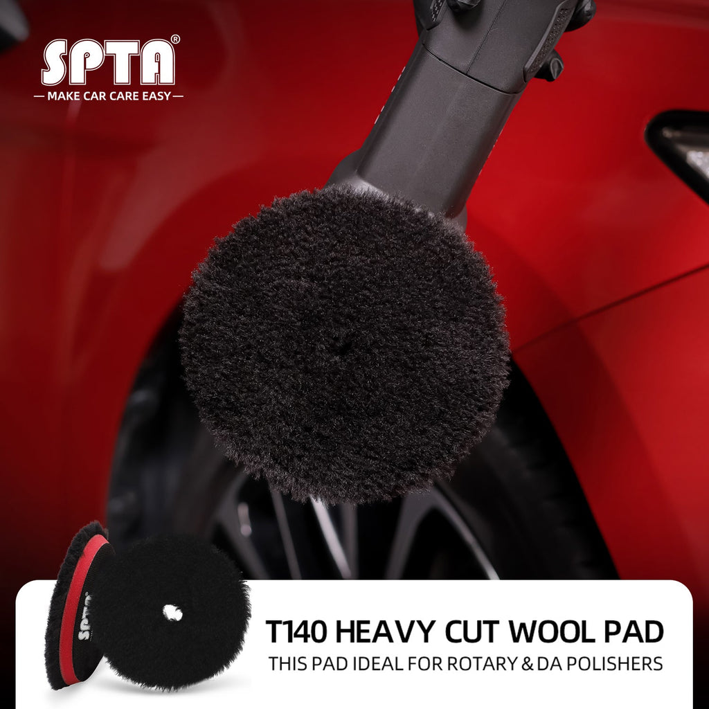 SPTA 3 inch to 6 inch Wool Polishing Pad, T140 Black Heavy Cut Wool Pad to Remove 1200#/1500# Sanding Disc Marks, Deep Scratches, Orange Peel and Heavy Oxidation for Automotive, Car, RV, Motorbike & Boat