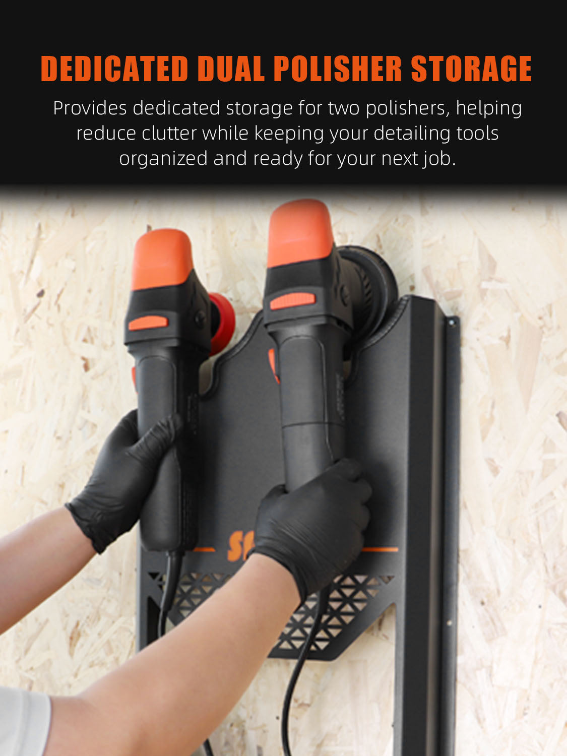 SPTA Double Wall Holder for Polishers, Mounted Rack Organizer for Dual Action & Rotary Polishers,Car Polisher Holder, Double Station Polisher Machine Rack Wall Mount Polisher Holder, Premium Metal Car Detailing Holder/Hanger/Rack for Polishing Machine