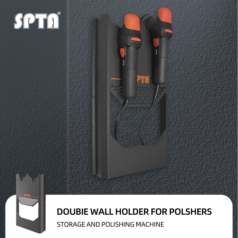 SPTA Double Wall Holder for Polishers, Mounted Rack Organizer for Dual Action & Rotary Polishers,Car Polisher Holder, Double Station Polisher Machine Rack Wall Mount Polisher Holder, Premium Metal Car Detailing Holder/Hanger/Rack for Polishing Machine