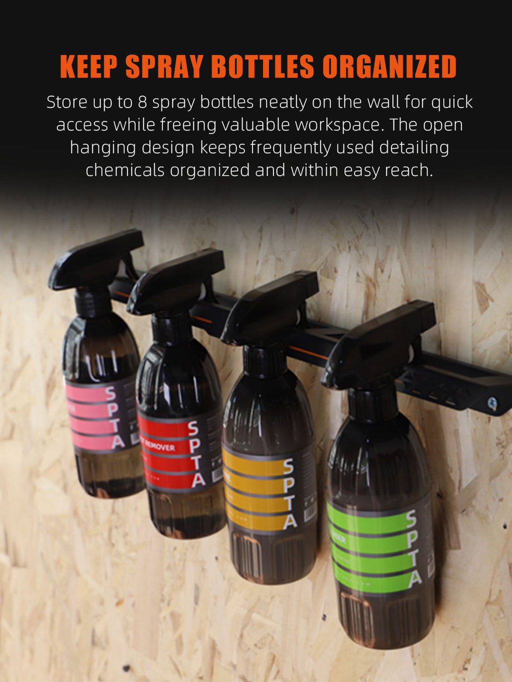 SPTA OT011 Spray Bottle Holder, Universal Detailing Spray Bottle Holder - Wall-Mounted Organizer for Mobile & Garage Detailing, Holds 6 Sprayers (16oz), Universal Lightweight Professional Accessory