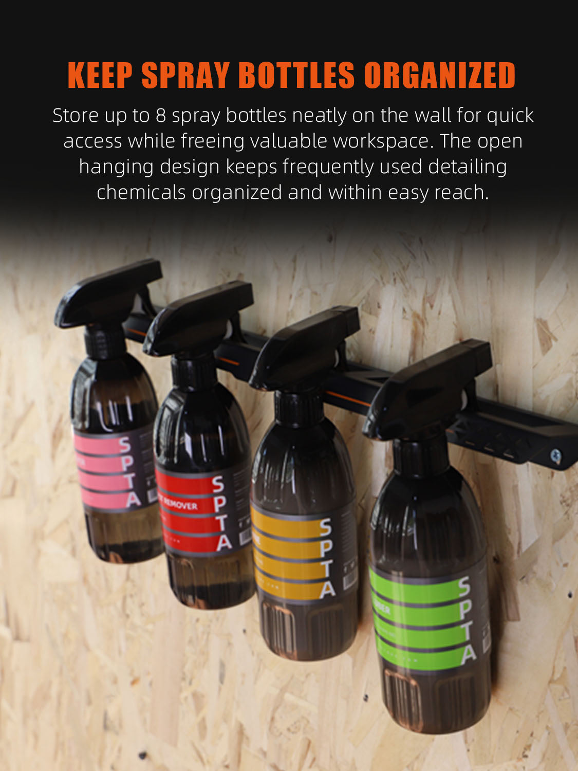 SPTA OT011 Spray Bottle Holder, Universal Detailing Spray Bottle Holder - Wall-Mounted Organizer for Mobile & Garage Detailing, Holds 6 Sprayers (16oz), Universal Lightweight Professional Accessory