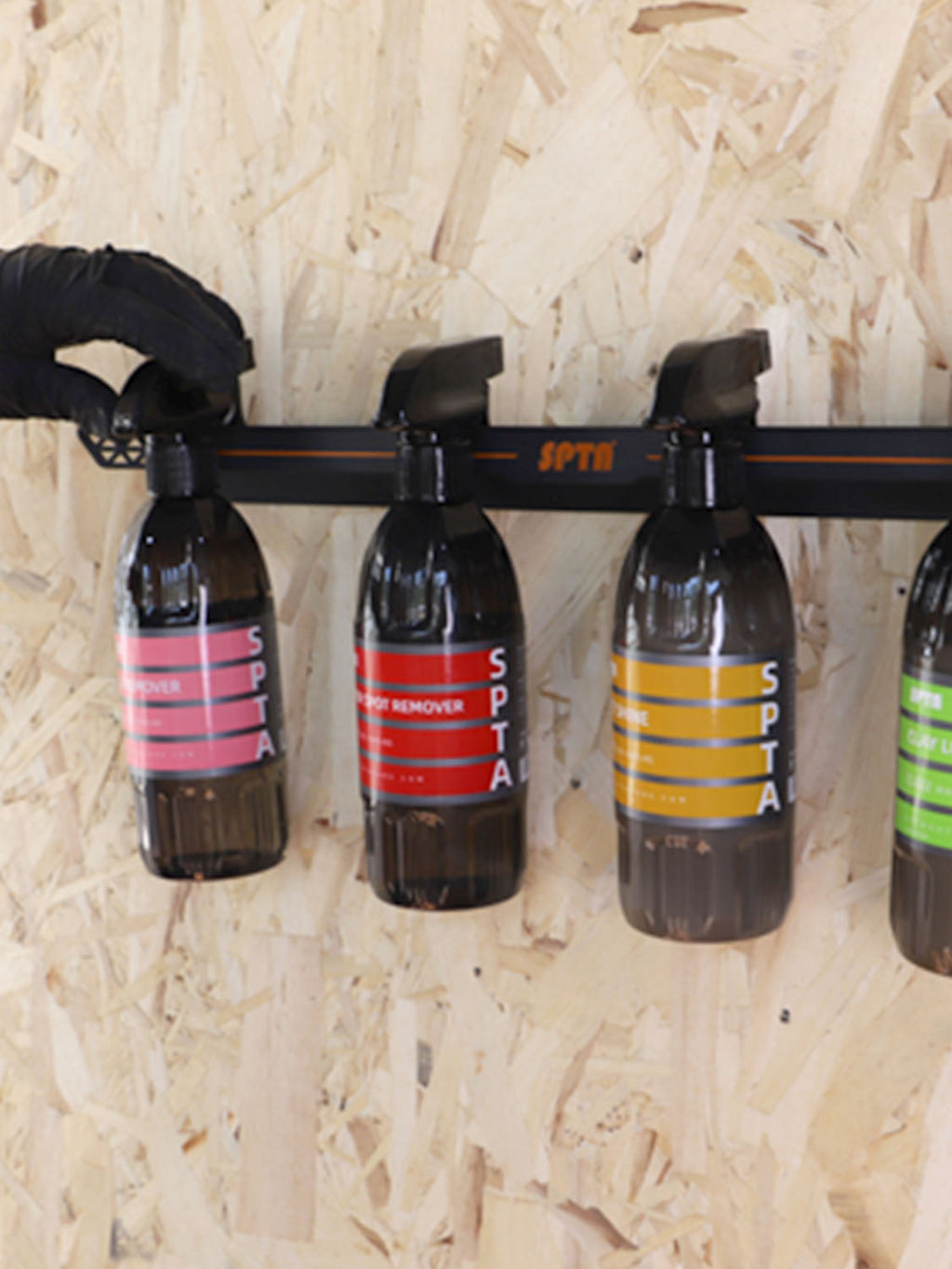 SPTA OT011 Spray Bottle Holder, Universal Detailing Spray Bottle Holder - Wall-Mounted Organizer for Mobile & Garage Detailing, Holds 6 Sprayers (16oz), Universal Lightweight Professional Accessory