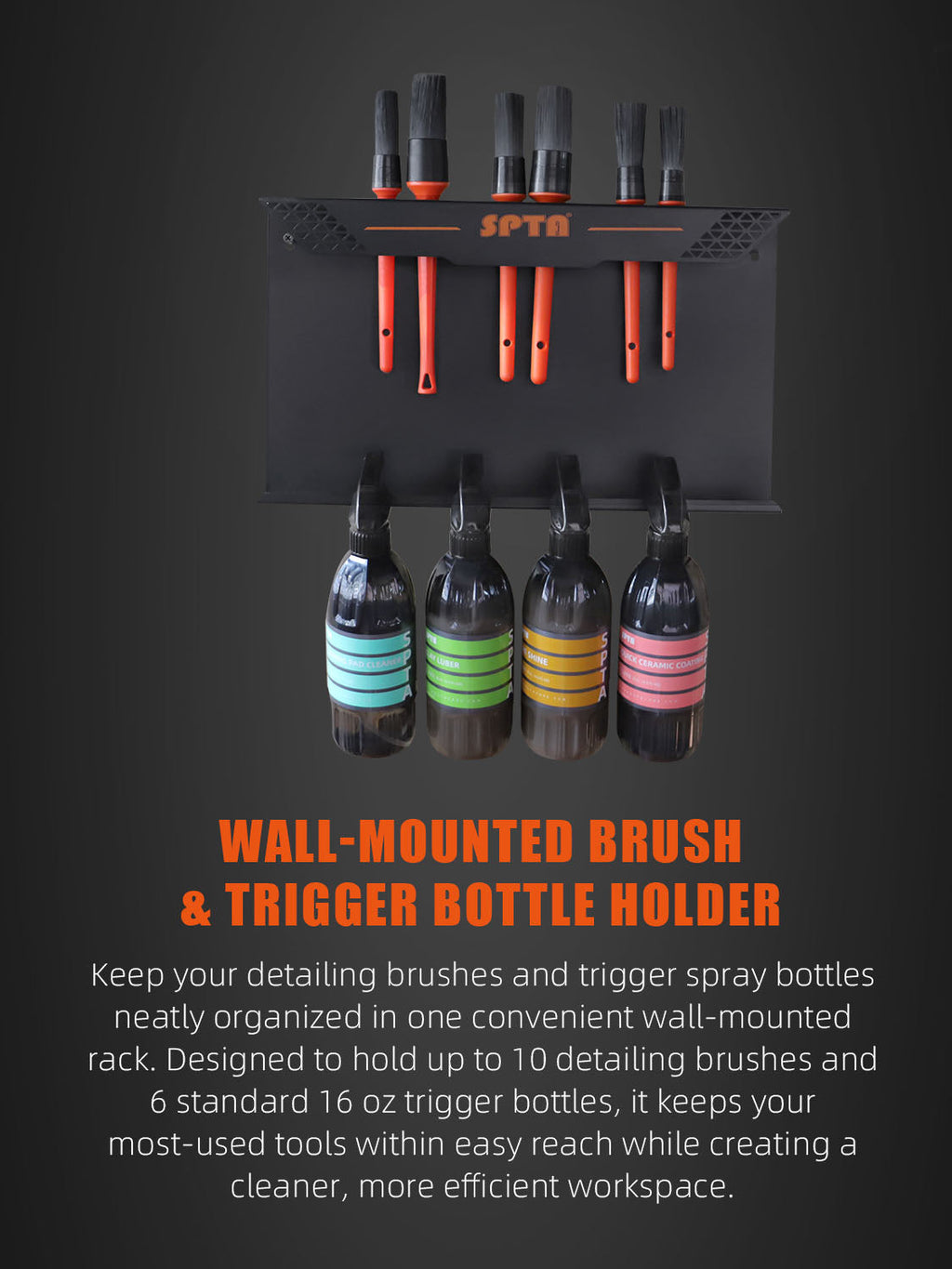 SPTA Brush and Trigger Bottle Holder Wall Mount Tool Holder Black 415*55*240mm Metalwall mounted brush rack metal bottle holder