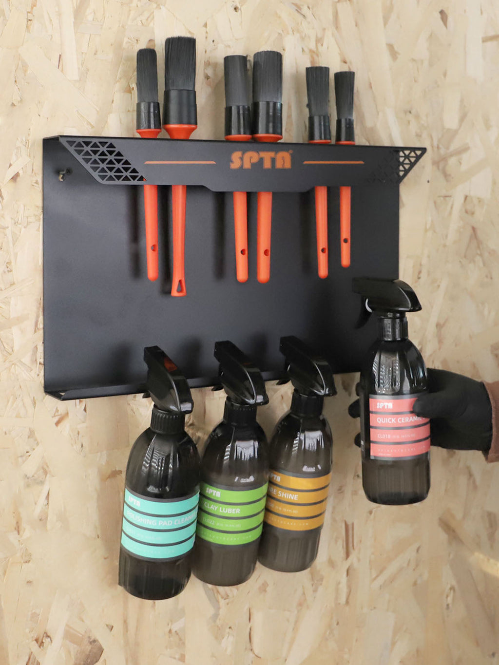 SPTA Brush and Trigger Bottle Holder Wall Mount Tool Holder Black 415*55*240mm Metalwall mounted brush rack metal bottle holder