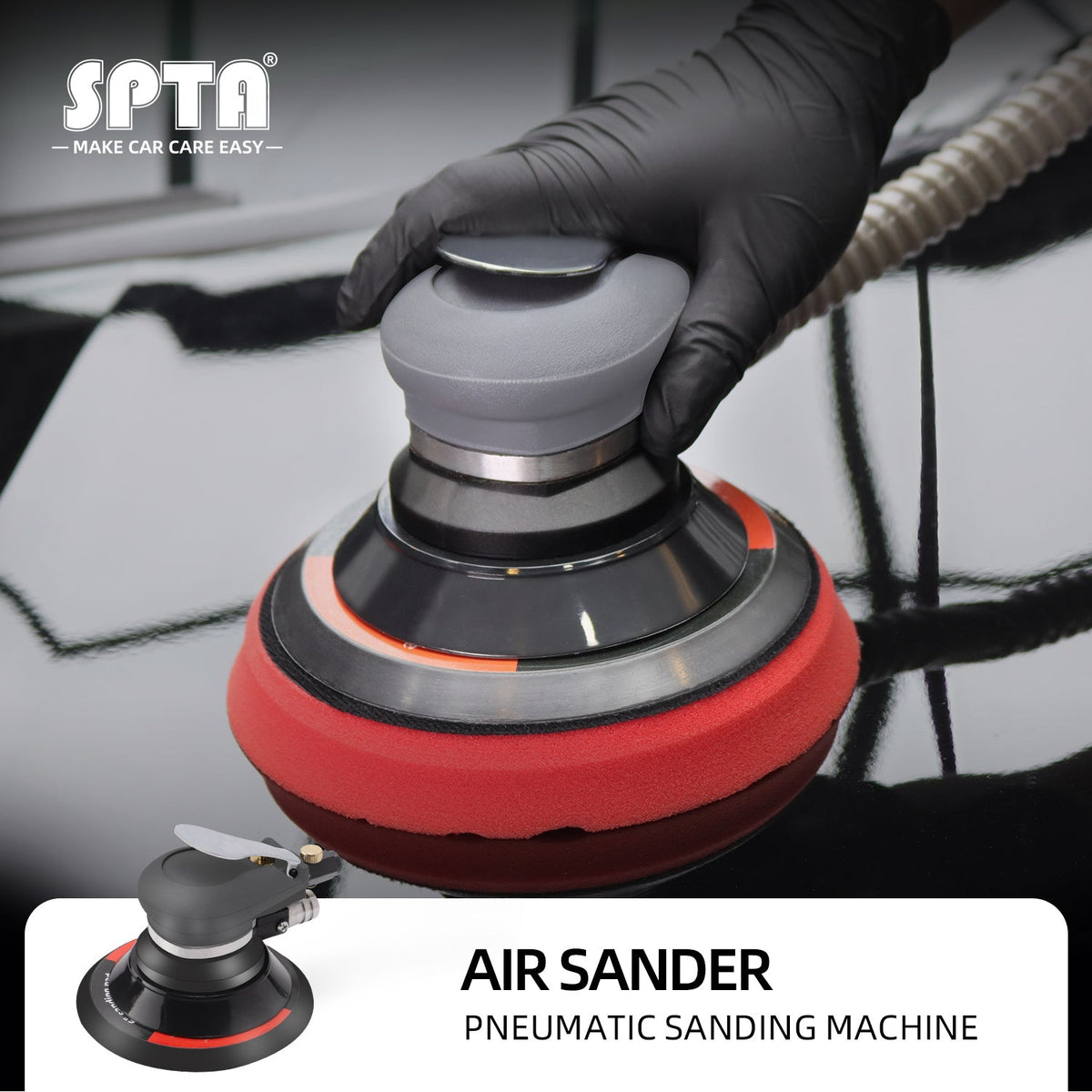 SPTA Random Orbital Sander 5" & 6" Pneumatic Palm Sander with Extra 5" Backing Plate, Sponge Polishing Pads, Sandpapers Low Vibration and Heavy Duty for Wood, Composites, Metal